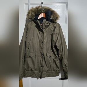 Women's Olive Parka Jacket with Faux Fur Hood